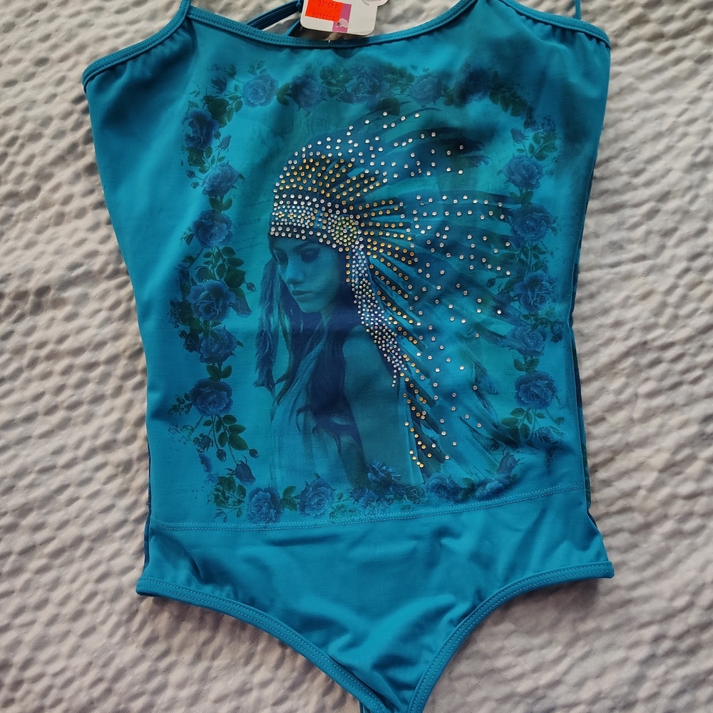 Blue Bodysuit with Feathered Headdress Design